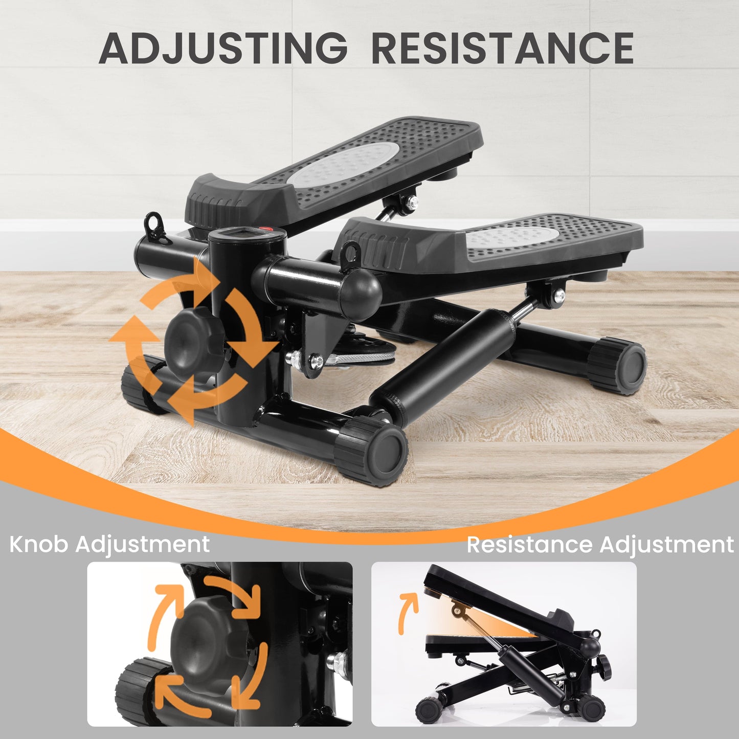 Mini Steppers, Stair Steeper with Resistance Bands, Portable Stepper Capable of Full-Body Exercise, Low Noise and Smooth, 300 Lbs Weight Capacity, Black/ Gray