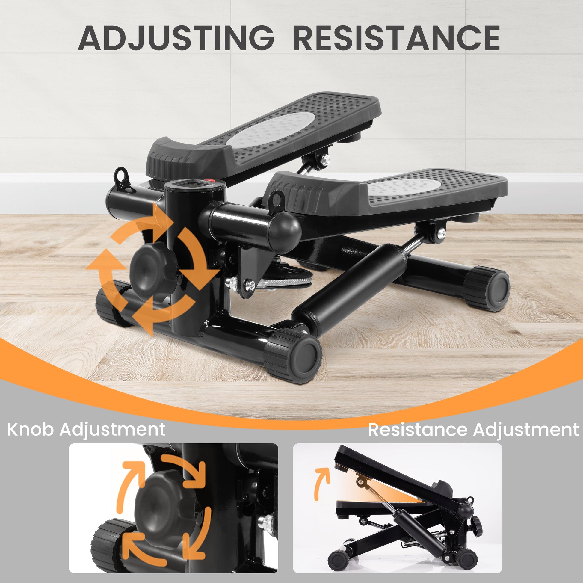 Mini Steppers, Stair Steeper with Resistance Bands, Portable Stepper Capable of Full-Body Exercise, Low Noise and Smooth, 300 Lbs Weight Capacity, Black/ Gray