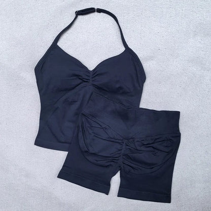 2 Pieces Women Yoga Set Seamless Adjustable Strappy Tank Top Scrunch Sports Shorts Gym Clothes Woman Summer Workout Outfits