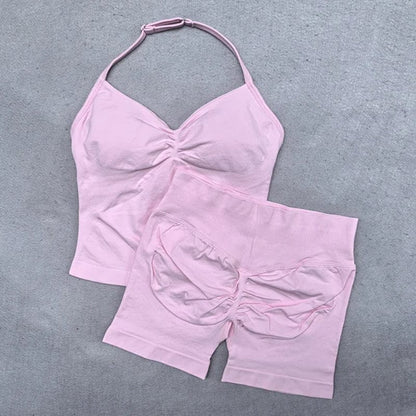 2 Pieces Women Yoga Set Seamless Adjustable Strappy Tank Top Scrunch Sports Shorts Gym Clothes Woman Summer Workout Outfits