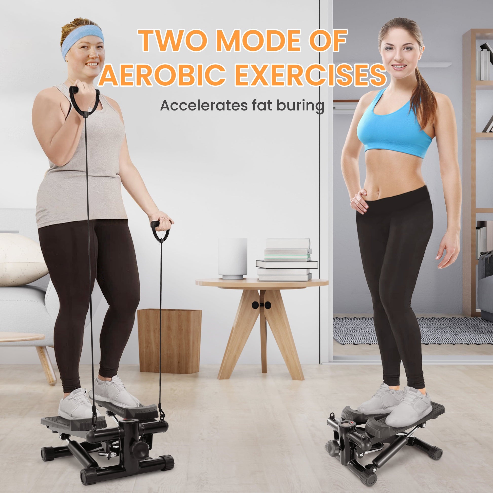 Mini Steppers, Stair Steeper with Resistance Bands, Portable Stepper Capable of Full-Body Exercise, Low Noise and Smooth, 300 Lbs Weight Capacity, Black/ Gray