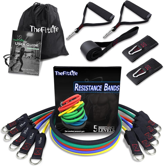 Resistance Bands with Handles - Designed for American Body Types, Exercise Workout Tubes for Men, Women, Includes Large Handles, Ankle Straps, Door Anchor, Fitness Levels