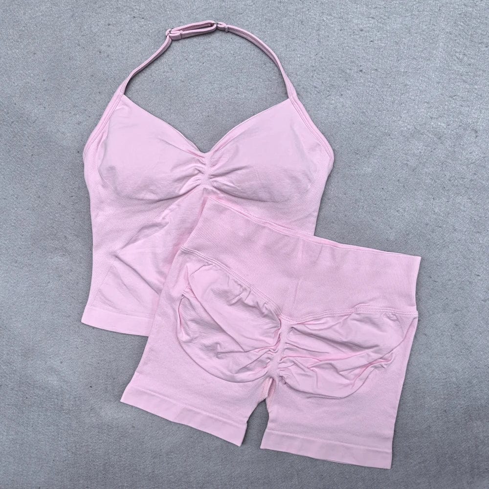 2 Pieces Women Yoga Set Seamless Adjustable Strappy Tank Top Scrunch Sports Shorts Gym Clothes Woman Summer Workout Outfits