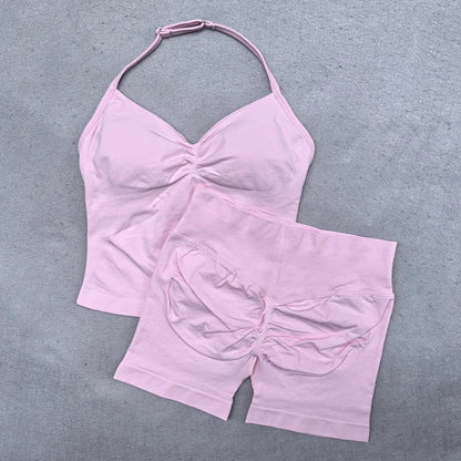 2 Pieces Women Yoga Set Seamless Adjustable Strappy Tank Top Scrunch Sports Shorts Gym Clothes Woman Summer Workout Outfits