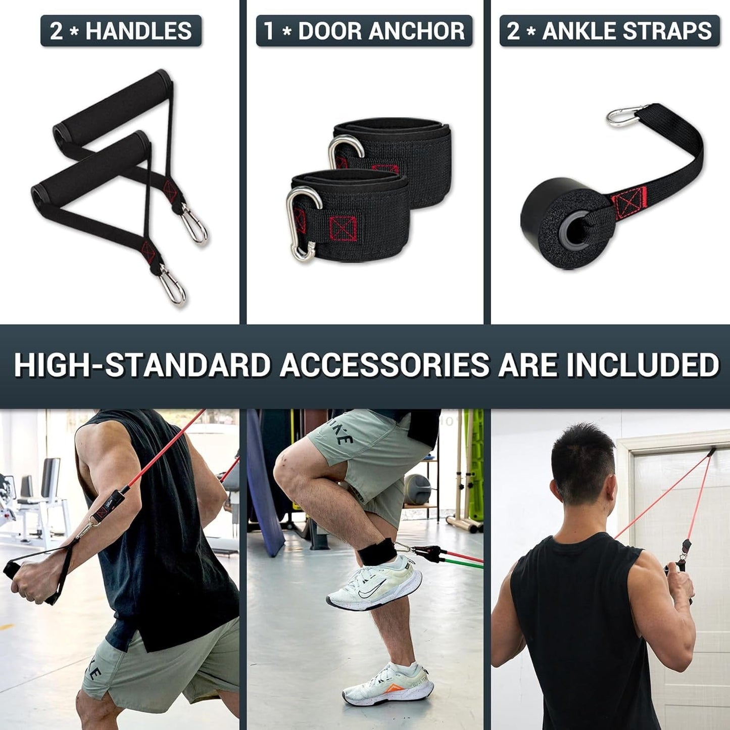 Resistance Bands with Handles - Designed for American Body Types, Exercise Workout Tubes for Men, Women, Includes Large Handles, Ankle Straps, Door Anchor, Fitness Levels