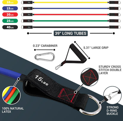 Resistance Bands with Handles - Designed for American Body Types, Exercise Workout Tubes for Men, Women, Includes Large Handles, Ankle Straps, Door Anchor, Fitness Levels